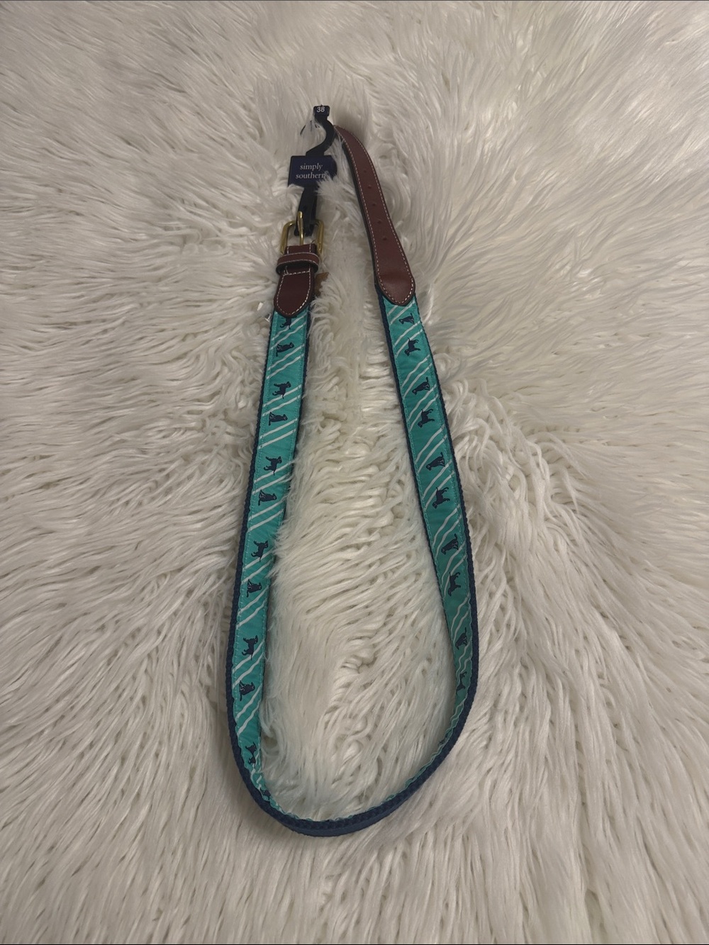 Simply Southern Teal and Brown Patterned Belt with Brass Buckle size 38 new